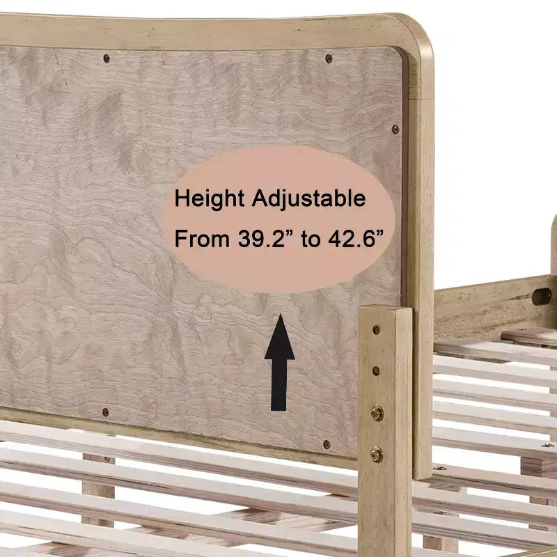 Boho Wood Platform Bed with Rattan Curved Adjustable Height Headboard