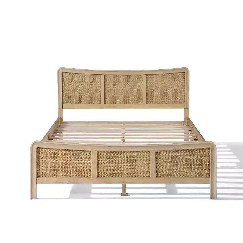 Boho Wood Platform Bed with Rattan Curved Adjustable Height Headboard