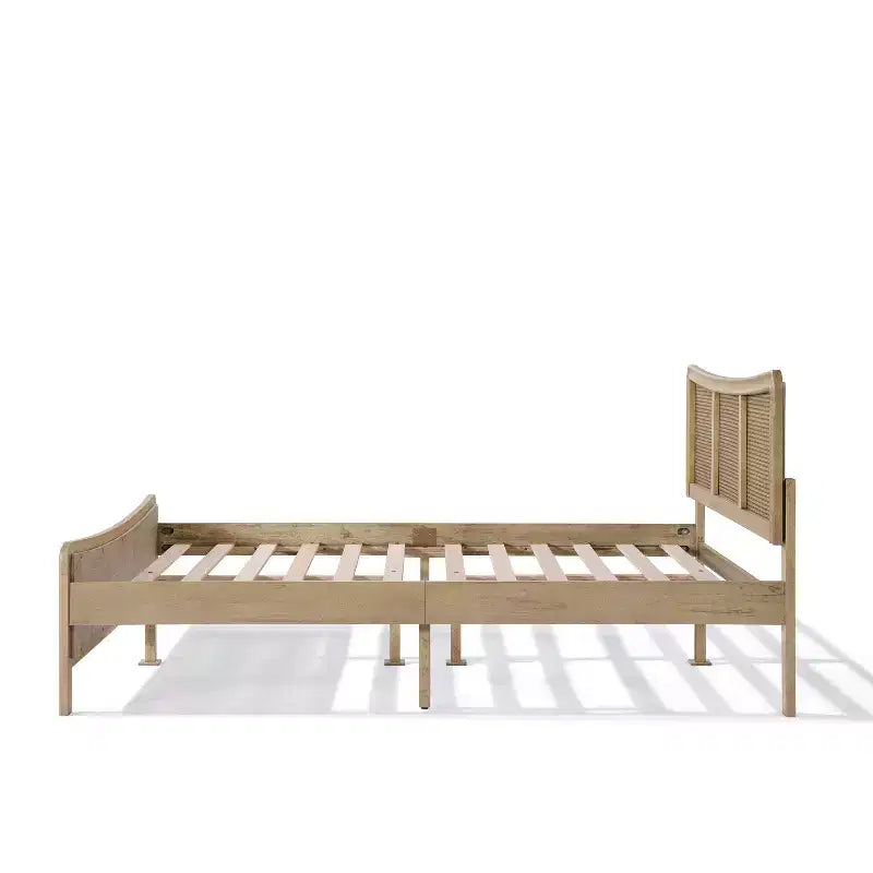 Boho Wood Platform Bed with Rattan Curved Adjustable Height Headboard