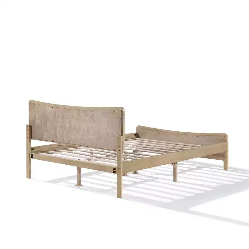 Boho Wood Platform Bed with Rattan Curved Adjustable Height Headboard