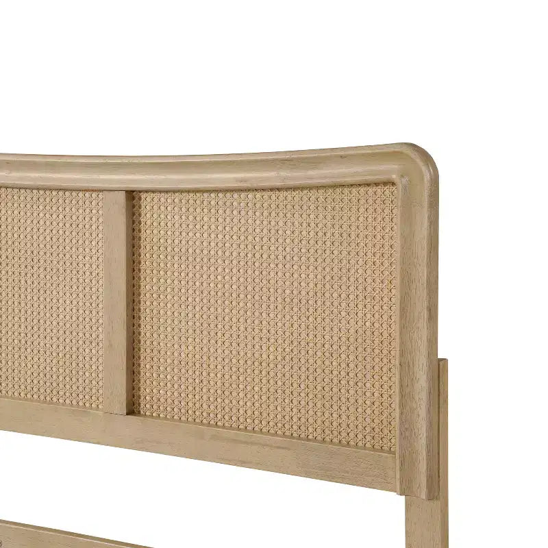 Boho Wood Platform Bed with Rattan Curved Adjustable Height Headboard