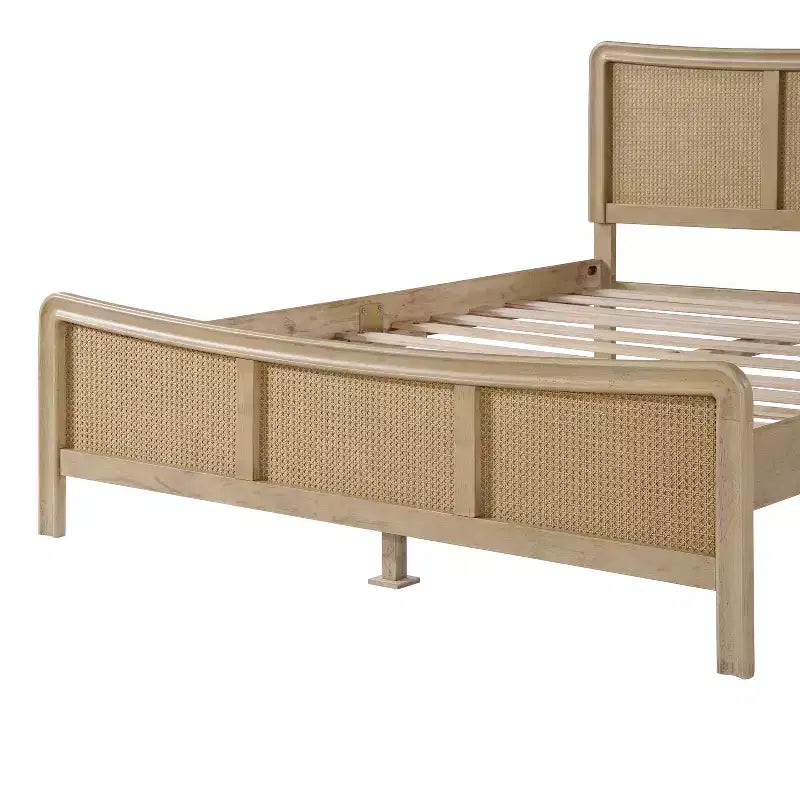 Boho Wood Platform Bed with Rattan Curved Adjustable Height Headboard