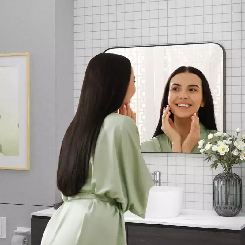 Wall Bathroom Mirror  Black Frame, Moisture-Resistant & Shatter-Safe Design (Horizontal/Vertical)