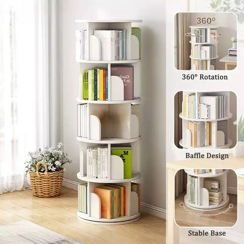 360° Rotating 5-Tier Wood Bookshelf Tower with Wheels — White Corner Bookcase
