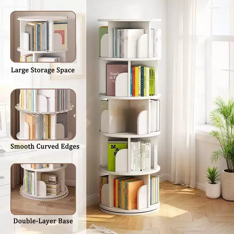 360° Rotating 5-Tier Wood Bookshelf Tower with Wheels — White Corner Bookcase