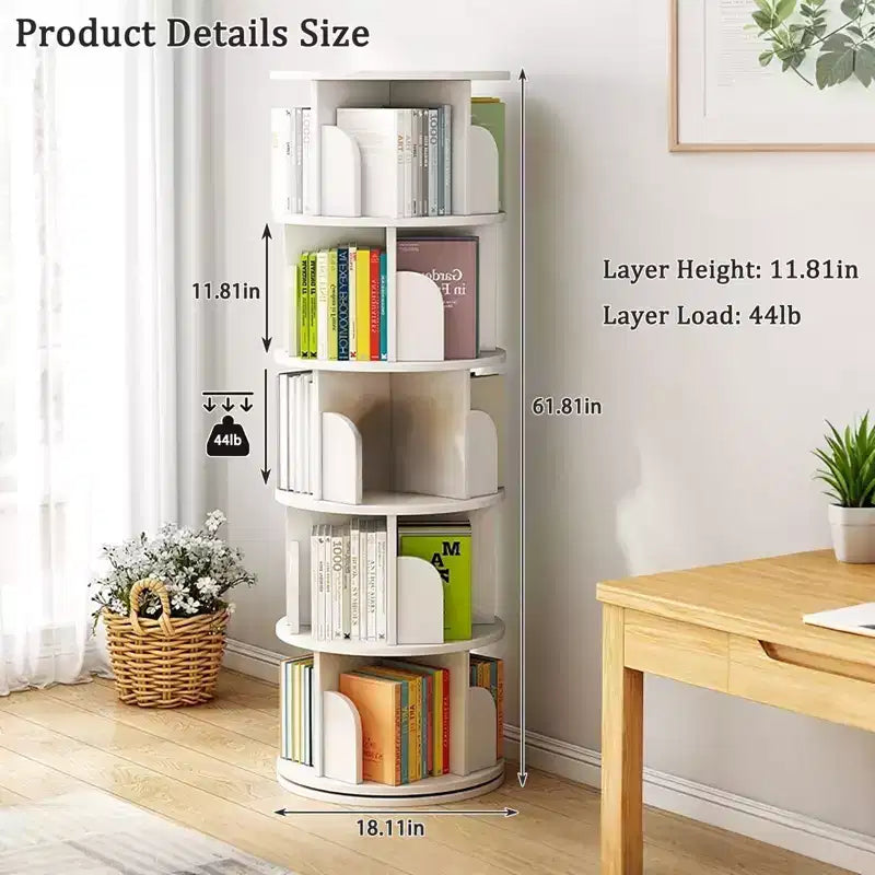 360° Rotating 5-Tier Wood Bookshelf Tower with Wheels — White Corner Bookcase