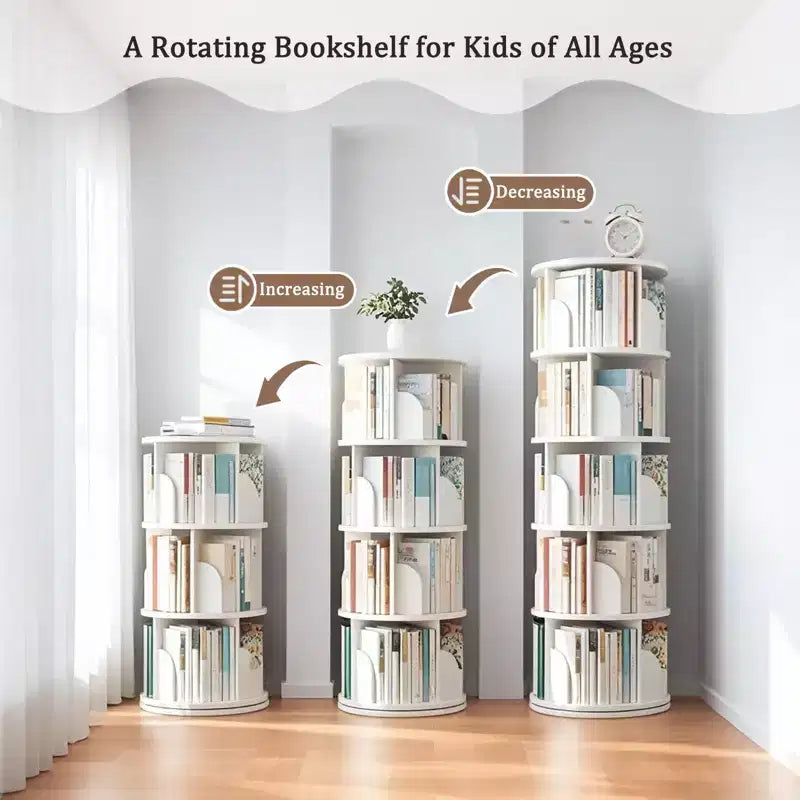 360° Rotating 5-Tier Wood Bookshelf Tower with Wheels — White Corner Bookcase