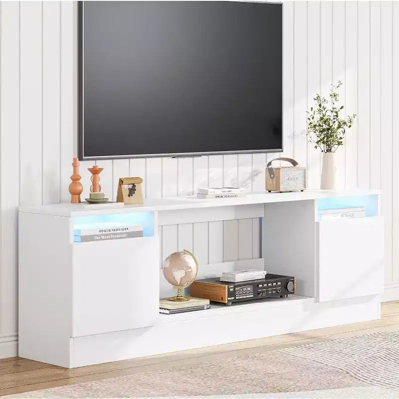 70" Modern White TV Stand for TVs up to 75" — Entertainment Center with Fireplace Insert Space