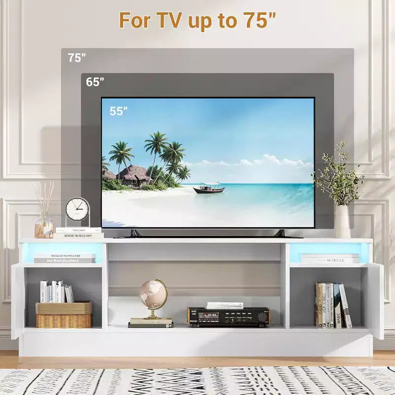 70" Modern White TV Stand for TVs up to 75" — Entertainment Center with Fireplace Insert Space