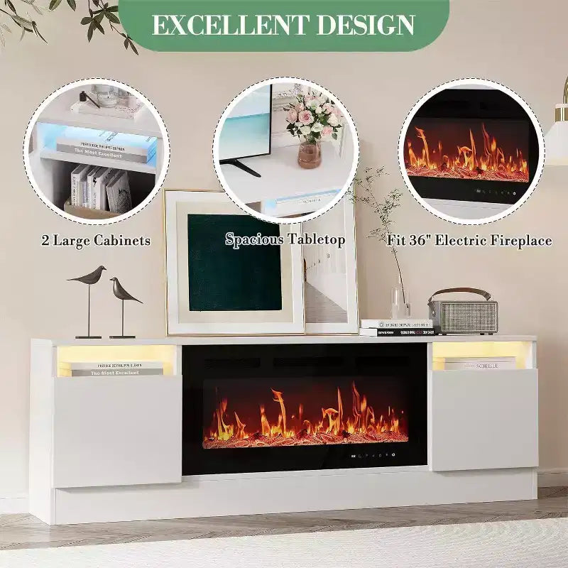 70" Modern White TV Stand for TVs up to 75" — Entertainment Center with Fireplace Insert Space