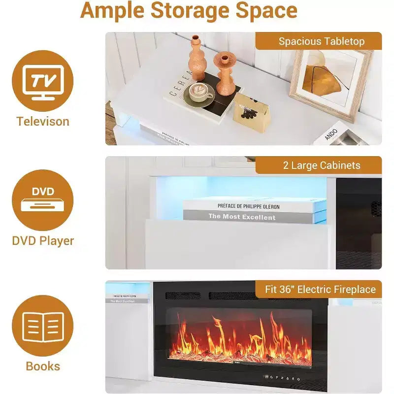 70" Modern White TV Stand for TVs up to 75" — Entertainment Center with Fireplace Insert Space