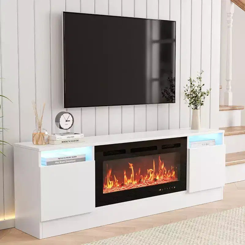 70" Modern White TV Stand for TVs up to 75" — Entertainment Center with Fireplace Insert Space