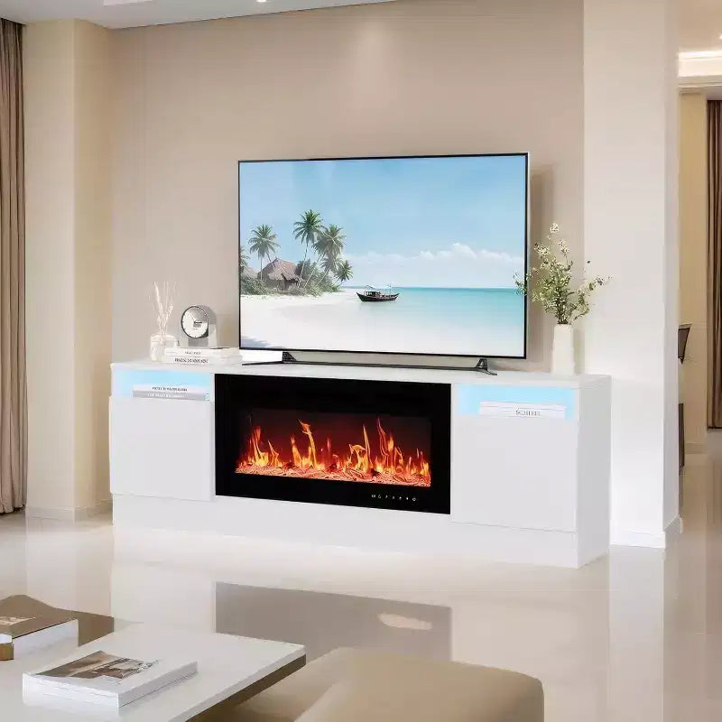 70" Modern White TV Stand for TVs up to 75" — Entertainment Center with Fireplace Insert Space