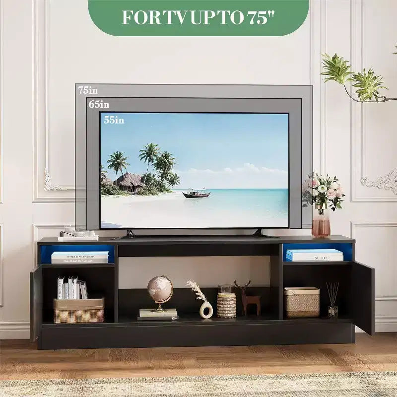 70" Modern White TV Stand for TVs up to 75" — Entertainment Center with Fireplace Insert Space
