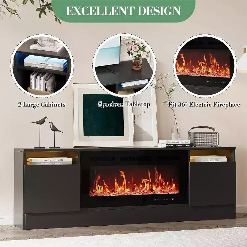 70" Modern White TV Stand for TVs up to 75" — Entertainment Center with Fireplace Insert Space