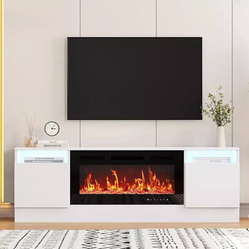 70" Modern White TV Stand for TVs up to 75" — Entertainment Center with Fireplace Insert Space