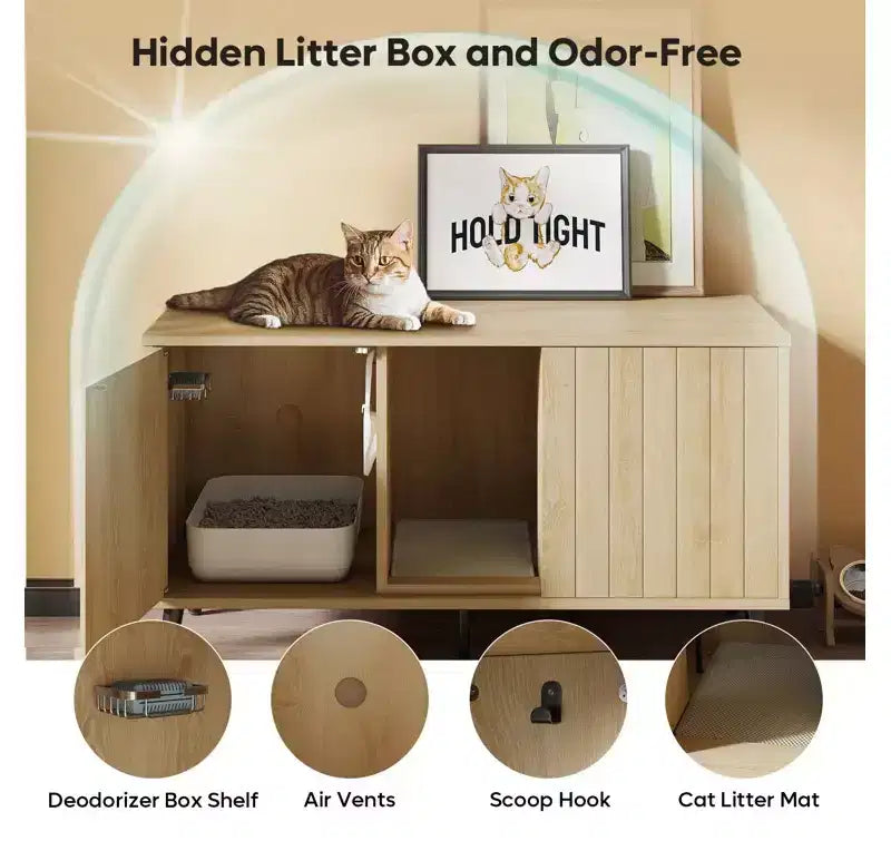 47" Hidden Cat Litter Box Enclosure Cabinet — 3-in-1 Cat House & TV Stand for 55" TVs