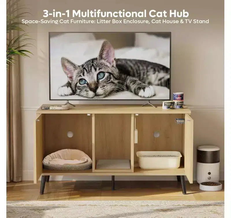 47" Hidden Cat Litter Box Enclosure Cabinet — 3-in-1 Cat House & TV Stand for 55" TVs