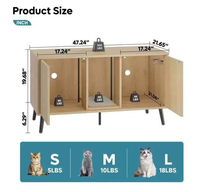 47" Hidden Cat Litter Box Enclosure Cabinet — 3-in-1 Cat House & TV Stand for 55" TVs