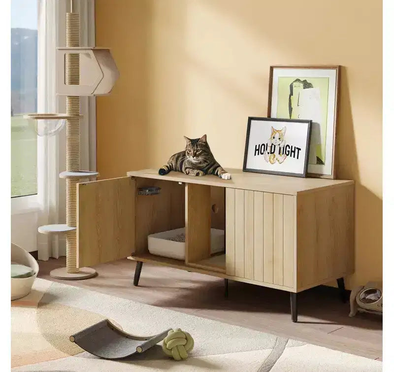 47" Hidden Cat Litter Box Enclosure Cabinet — 3-in-1 Cat House & TV Stand for 55" TVs