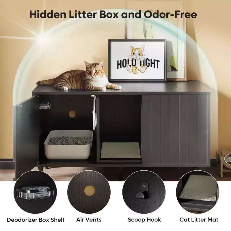 47" Hidden Cat Litter Box Enclosure Cabinet — 3-in-1 Cat House & TV Stand for 55" TVs