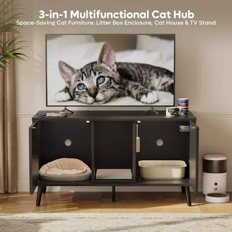 47" Hidden Cat Litter Box Enclosure Cabinet — 3-in-1 Cat House & TV Stand for 55" TVs