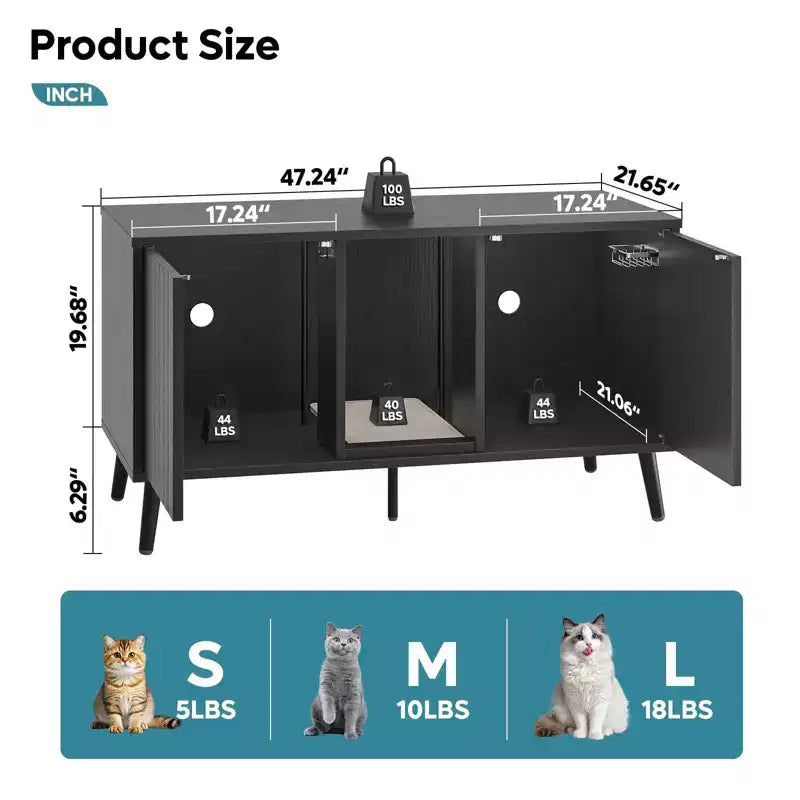 47" Hidden Cat Litter Box Enclosure Cabinet — 3-in-1 Cat House & TV Stand for 55" TVs