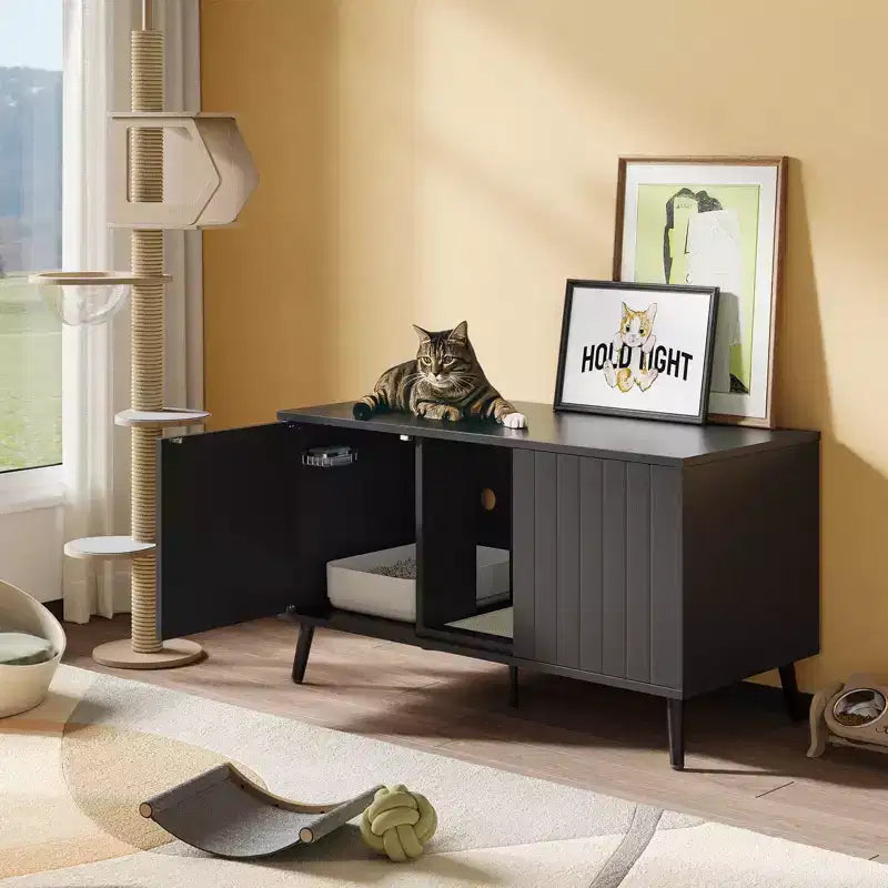 47" Hidden Cat Litter Box Enclosure Cabinet — 3-in-1 Cat House & TV Stand for 55" TVs