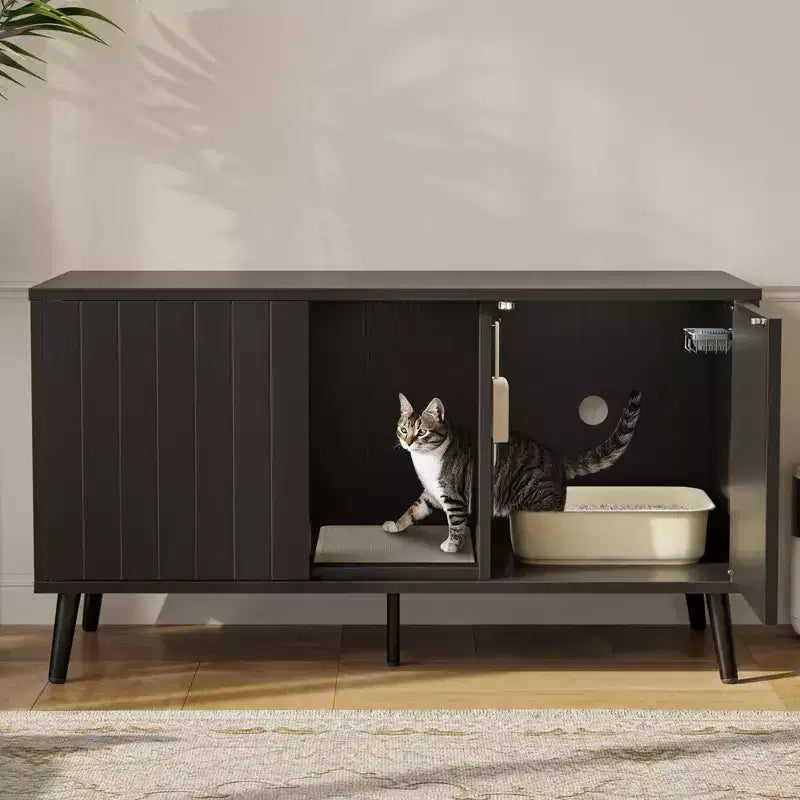 47" Hidden Cat Litter Box Enclosure Cabinet — 3-in-1 Cat House & TV Stand for 55" TVs