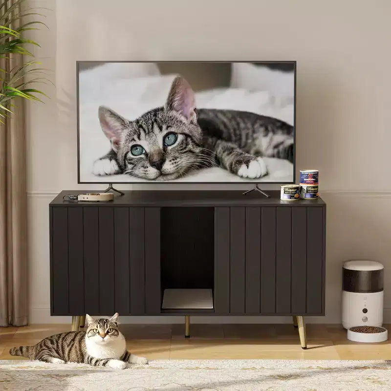 47" Hidden Cat Litter Box Enclosure Cabinet — 3-in-1 Cat House & TV Stand for 55" TVs