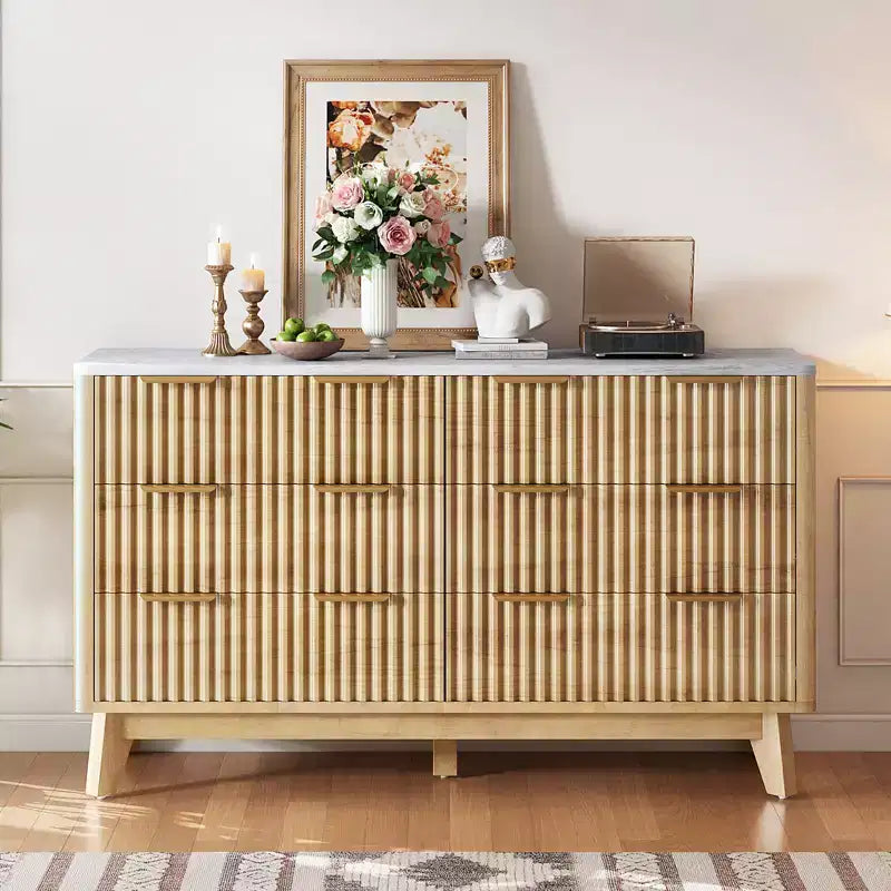 54" Wide Fluted 6-Drawer Dresser with Faux Marble Top — Bedroom, Living Room & Hallway