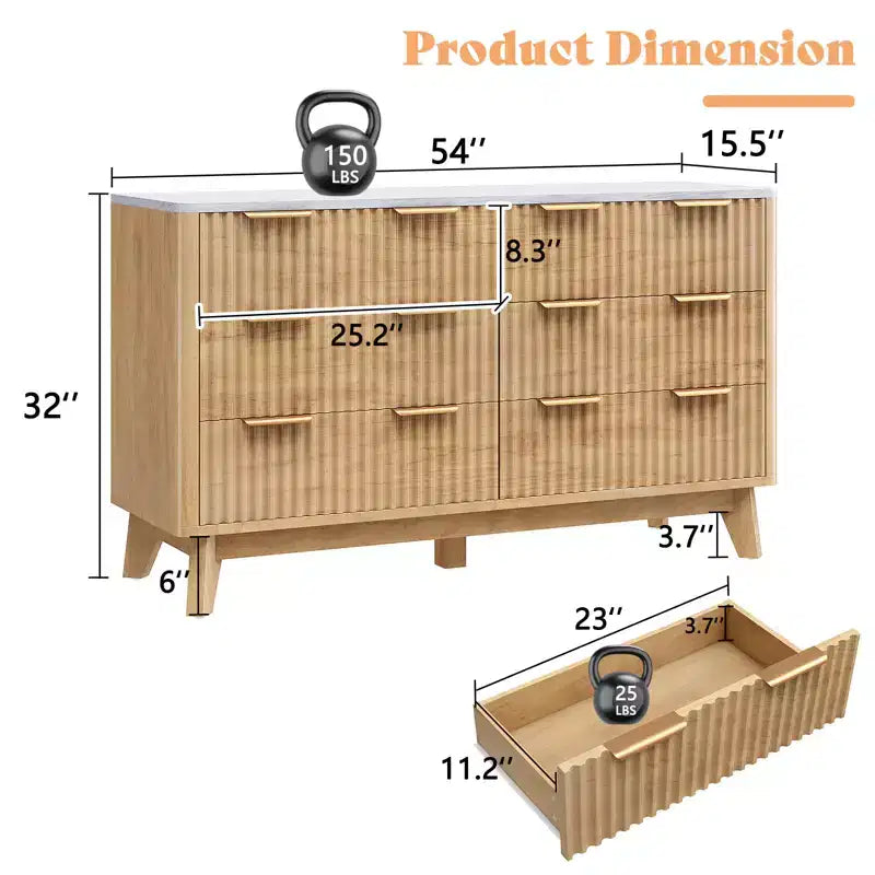 54" Wide Fluted 6-Drawer Dresser with Faux Marble Top — Bedroom, Living Room & Hallway