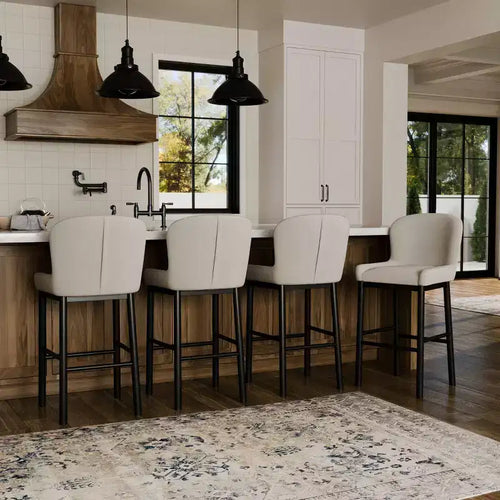 Tabouret de bar à dossier haut de 31 po avec revêtement en tissu — Structure en bois massif