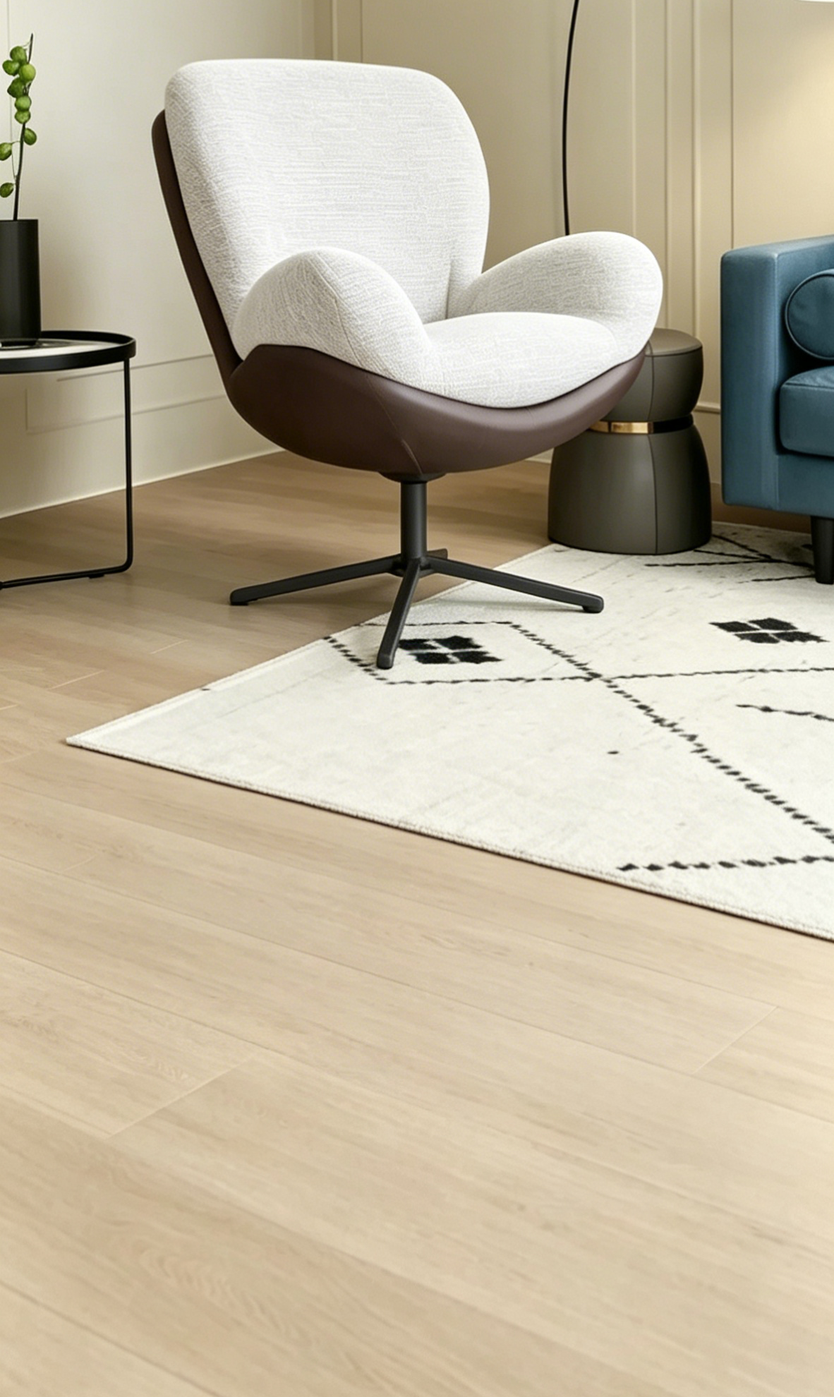 Fauteuil d'appoint pivotant moderne en chenille et similicuir — Piètement métallique, Petits espaces