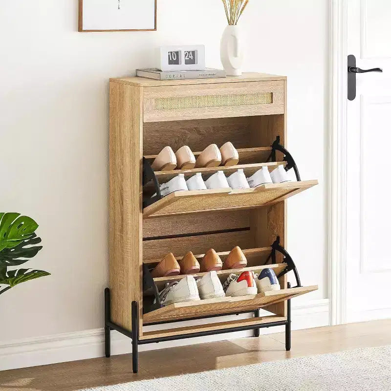 Natural Rattan Shoe Cabinet with 2 Flip Doors, Adjustable Shelves & Metal Legs — Slim Entryway Organizer