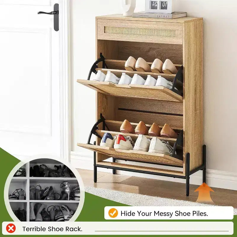 Natural Rattan Shoe Cabinet with 2 Flip Doors, Adjustable Shelves & Metal Legs — Slim Entryway Organizer