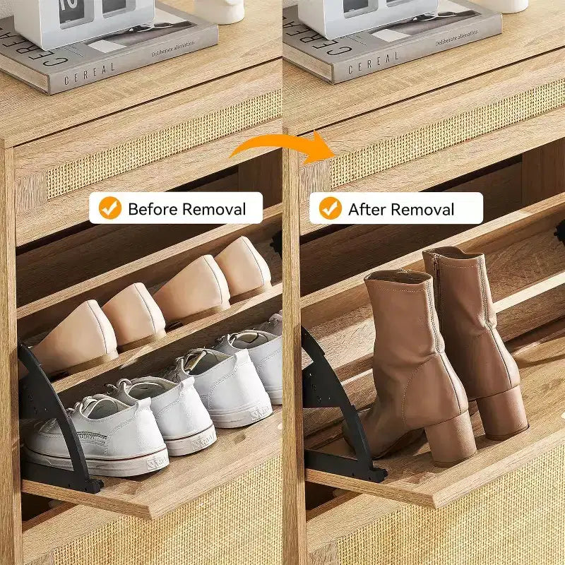 Natural Rattan Shoe Cabinet with 2 Flip Doors, Adjustable Shelves & Metal Legs — Slim Entryway Organizer