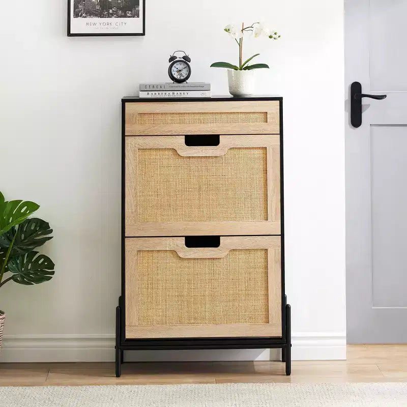 Natural Rattan Shoe Cabinet with 2 Flip Doors, Adjustable Shelves & Metal Legs — Slim Entryway Organizer