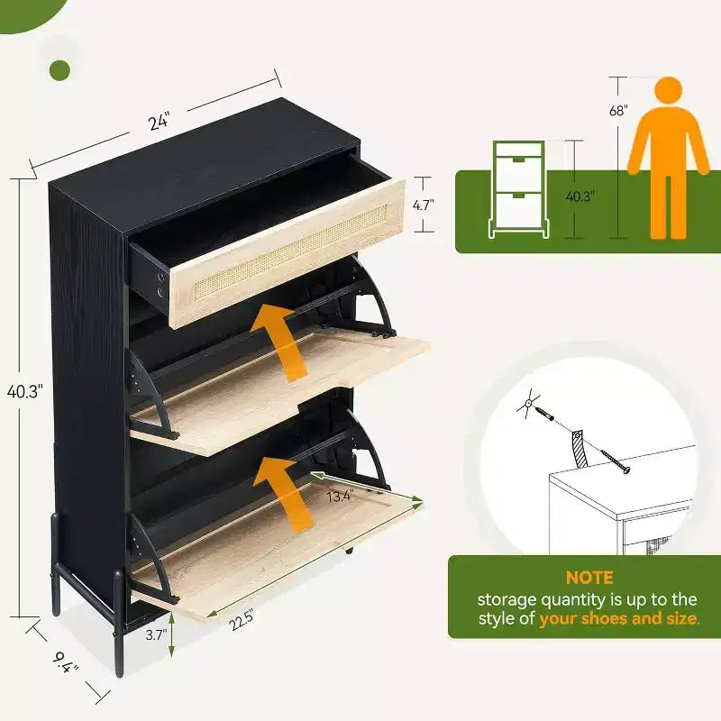 Natural Rattan Shoe Cabinet with 2 Flip Doors, Adjustable Shelves & Metal Legs — Slim Entryway Organizer