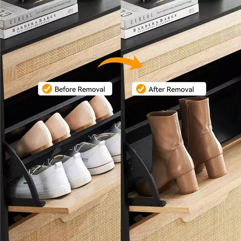 Natural Rattan Shoe Cabinet with 2 Flip Doors, Adjustable Shelves & Metal Legs — Slim Entryway Organizer