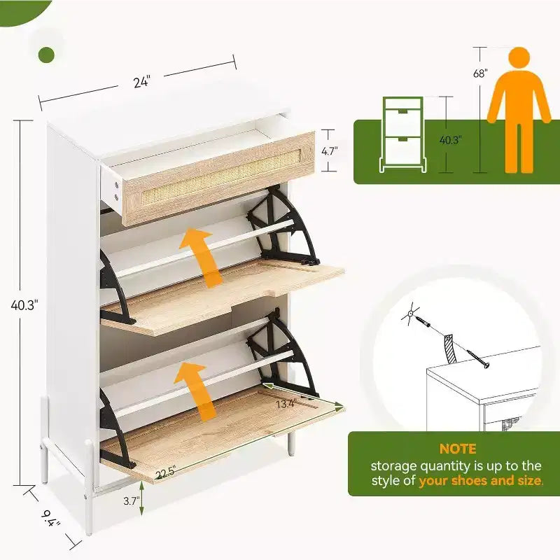 Natural Rattan Shoe Cabinet with 2 Flip Doors, Adjustable Shelves & Metal Legs — Slim Entryway Organizer