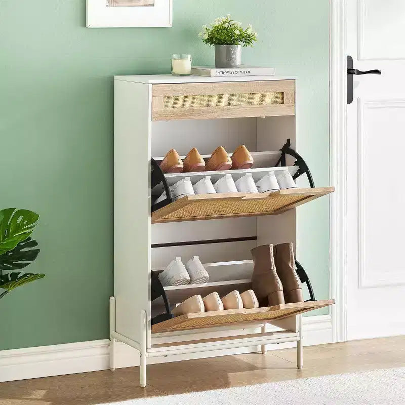 Natural Rattan Shoe Cabinet with 2 Flip Doors, Adjustable Shelves & Metal Legs — Slim Entryway Organizer