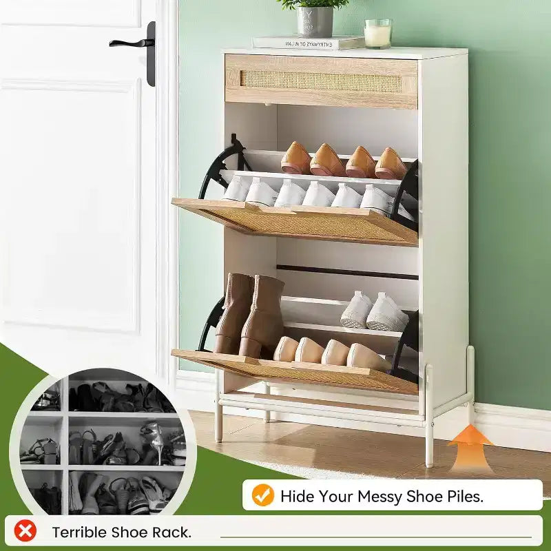 Natural Rattan Shoe Cabinet with 2 Flip Doors, Adjustable Shelves & Metal Legs — Slim Entryway Organizer