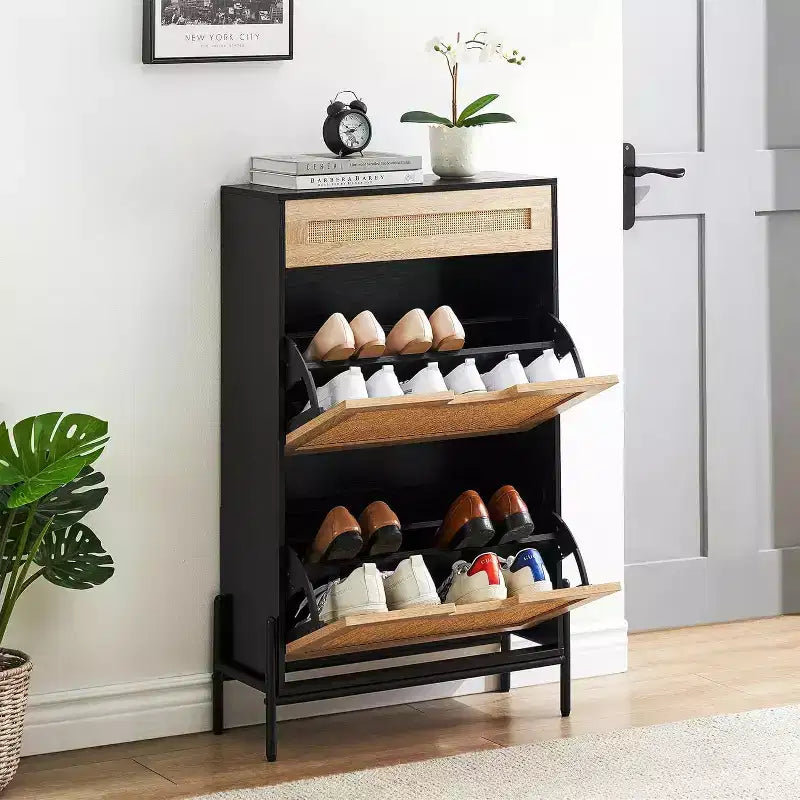 Natural Rattan Shoe Cabinet with 2 Flip Doors, Adjustable Shelves & Metal Legs — Slim Entryway Organizer