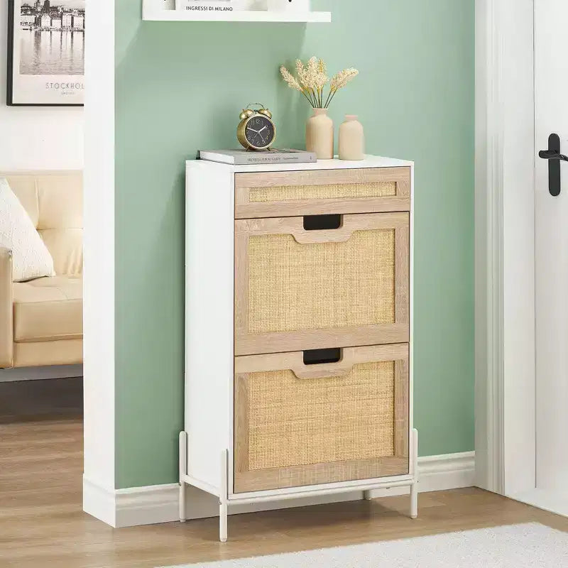 Natural Rattan Shoe Cabinet with 2 Flip Doors, Adjustable Shelves & Metal Legs — Slim Entryway Organizer