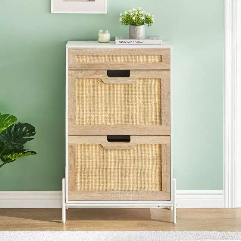 Natural Rattan Shoe Cabinet with 2 Flip Doors, Adjustable Shelves & Metal Legs — Slim Entryway Organizer
