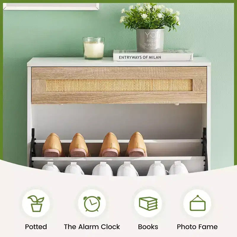 Natural Rattan Shoe Cabinet with 2 Flip Doors, Adjustable Shelves & Metal Legs — Slim Entryway Organizer