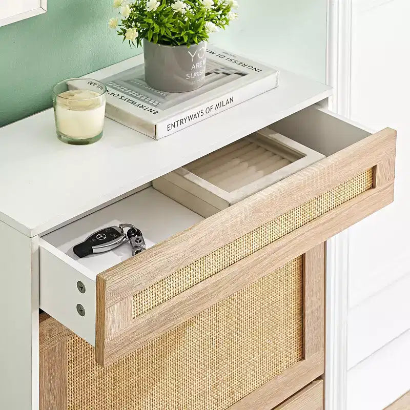 Natural Rattan Shoe Cabinet with 2 Flip Doors, Adjustable Shelves & Metal Legs — Slim Entryway Organizer