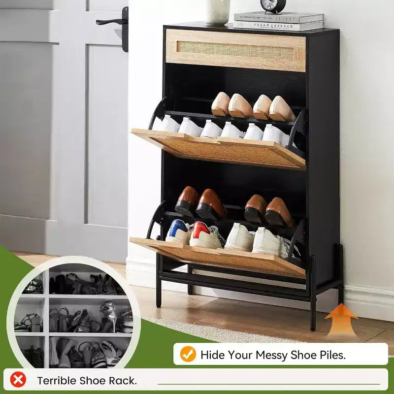 Natural Rattan Shoe Cabinet with 2 Flip Doors, Adjustable Shelves & Metal Legs — Slim Entryway Organizer