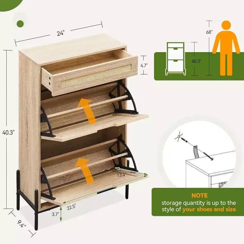 Natural Rattan Shoe Cabinet with 2 Flip Doors, Adjustable Shelves & Metal Legs — Slim Entryway Organizer